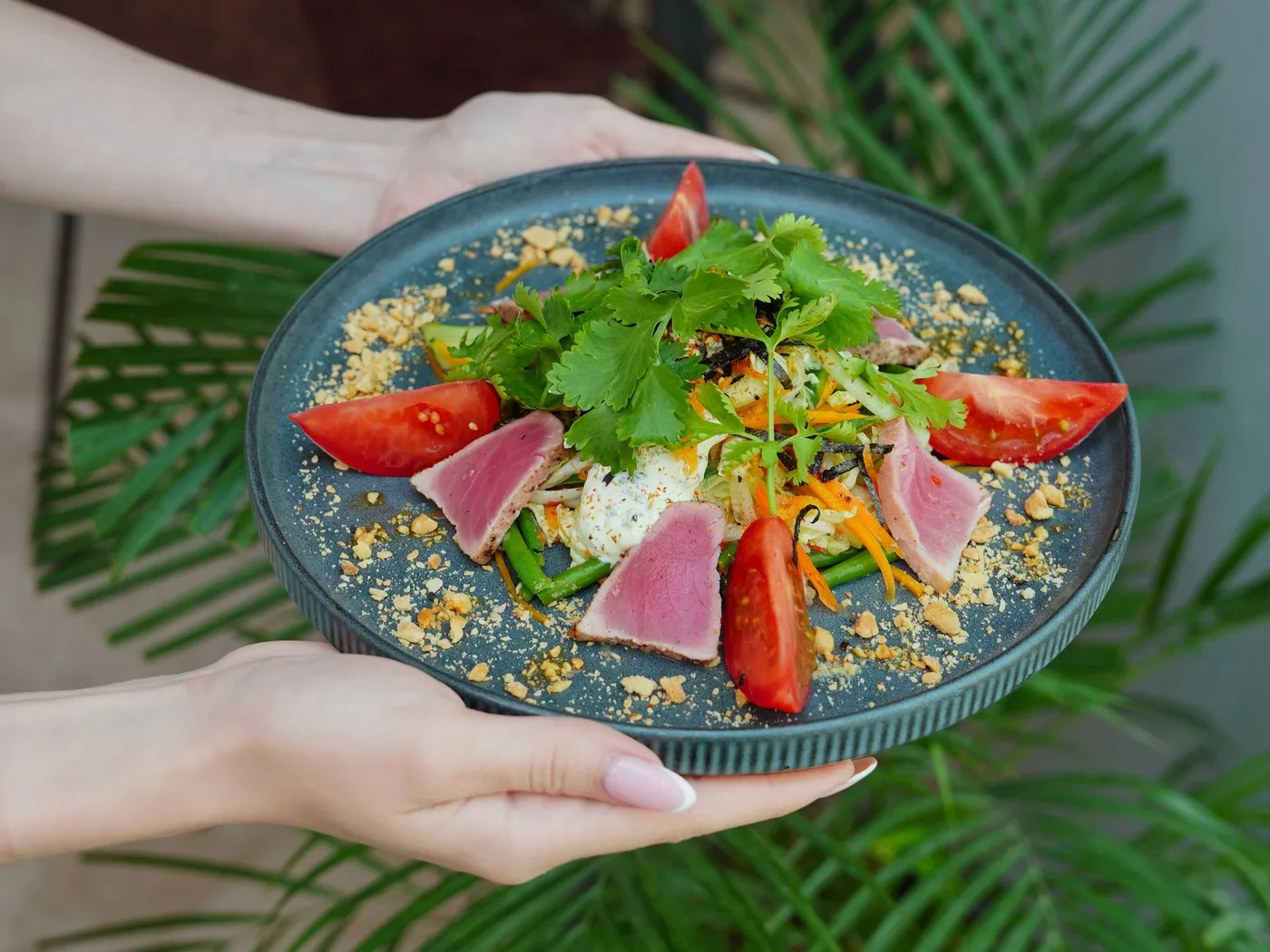 Delicious tuna salad with fresh vegetables and herbs served on a gray plate.